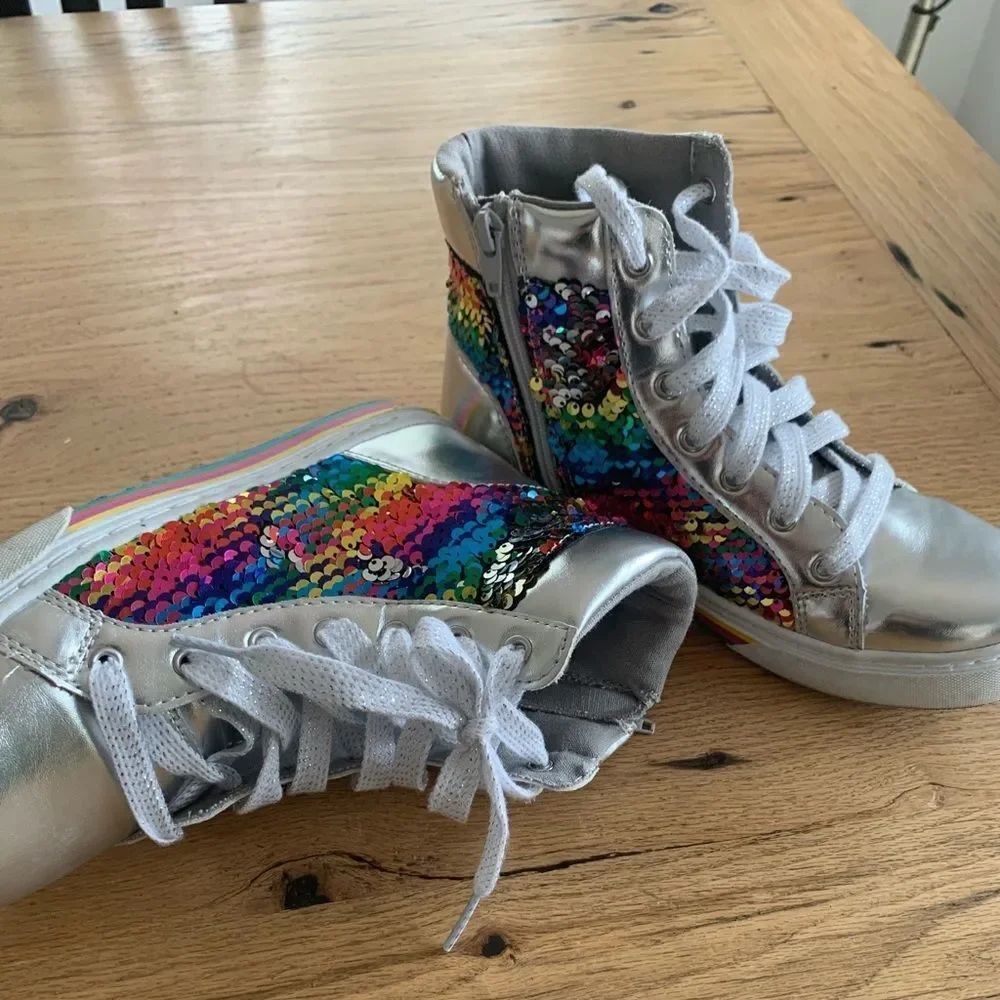 Girls Sequin High Top Sneakers Rainbow Side Zip Silver Shoes‎